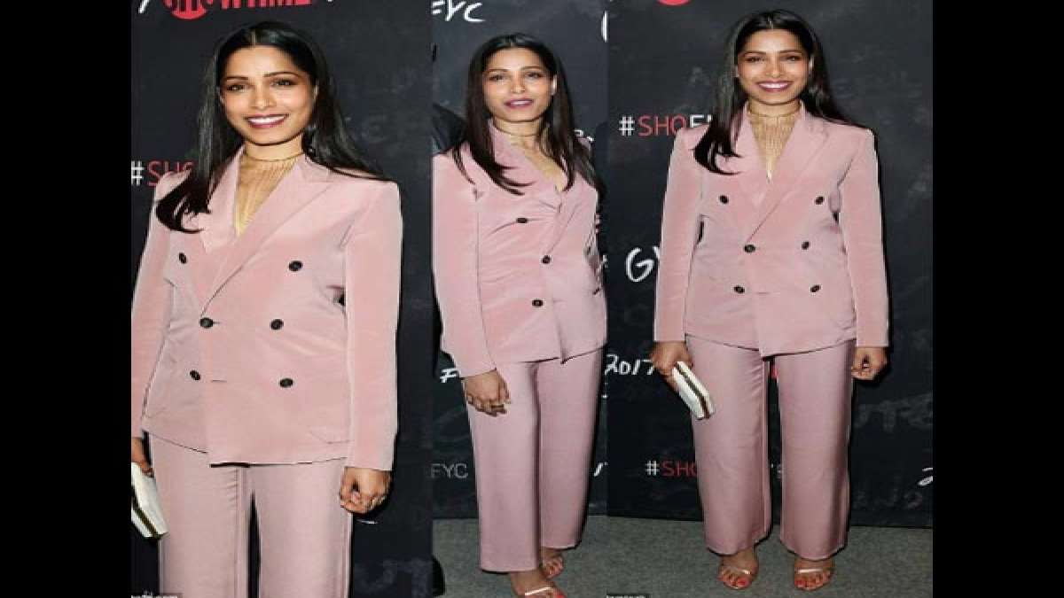 Freida Pinto Slays In Blush Pink Pantsuit