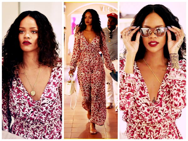 Bares Chest In Cranberry Floral Dress 